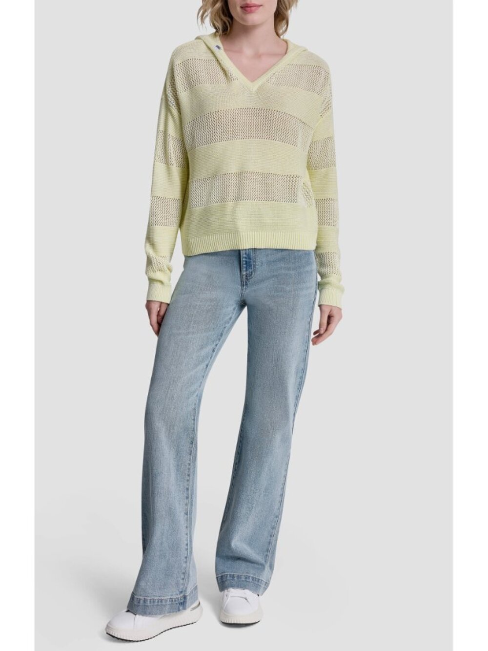 DKNY JEANS NWT POINTELLE STRIPE LEMON LIGHT COTTON HOODED SWEATER. SIZE S - Picture 5 of 11